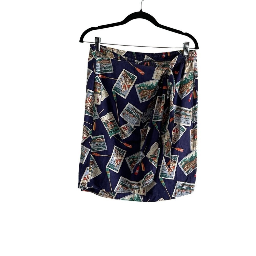 Vintage Bushwacker Women L** Blue Rowing Pattern Faux Wrap Elastic Pull On Skirt